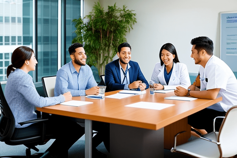 A group of people discussing healthcare marketing strategies around a conference table
