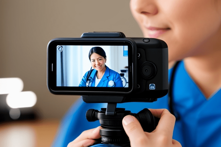 A person filming a healthcare video with a professional camera